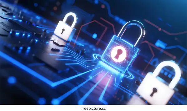 Cybersecurity Concept with Lock and Circuit Board Background