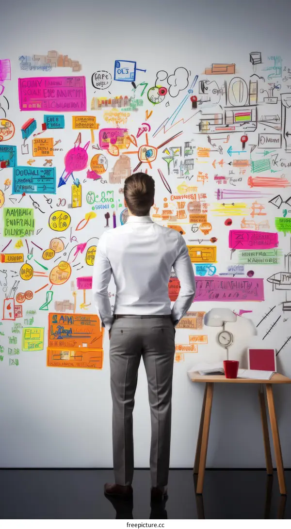 Businessman looking at a complex diagram of information on a wall