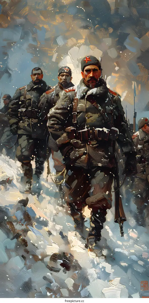 Soviet Soldiers Marching Through Snow During Winter