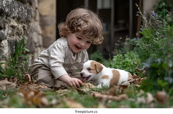Little Boy Playing with Puppy in Garden