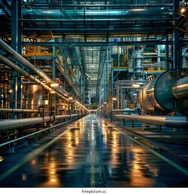 The interior of a modern industrial building with metal pipes and catwalks