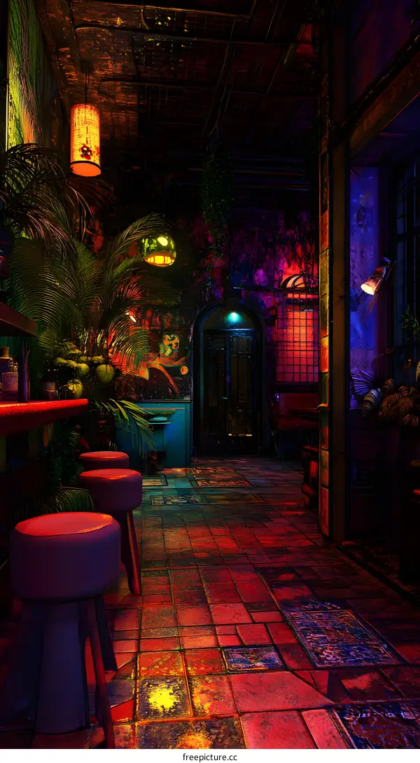 Neon Lights Illuminated Tropical Bar Interior