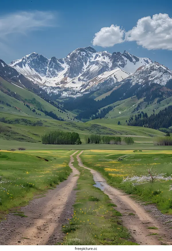 Dirt road through a lush green valley with snow-capped mountains in the distance