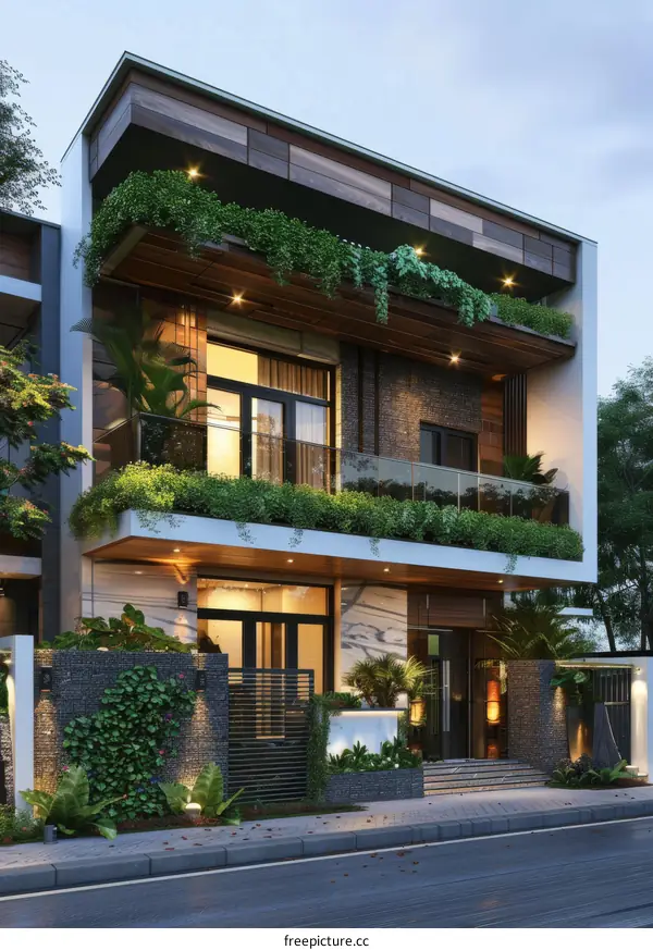 Modern House Facade with Lush Landscaping