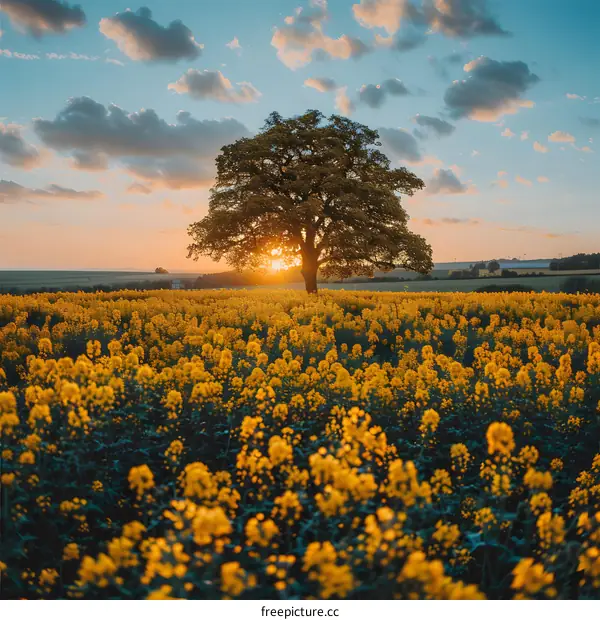 Golden Sunset over a Field of Flowers and a Lone Tree