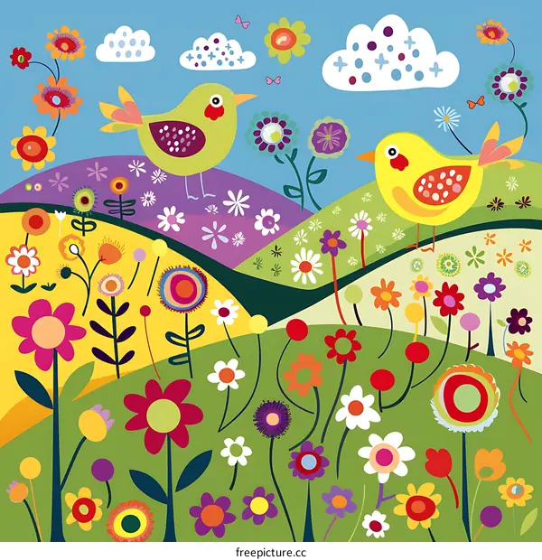 Colorful Birds And Flowers Illustration