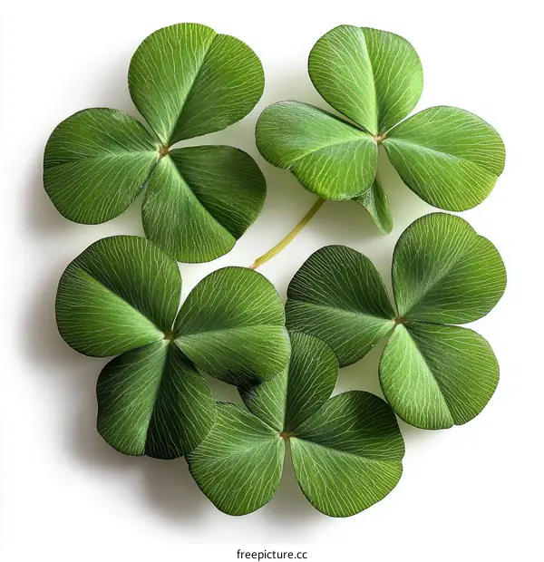 Close-up of Four-Leaf Clovers on White Background