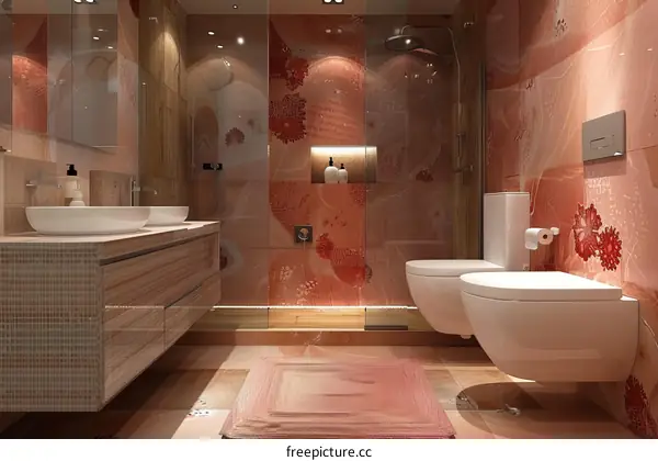 Modern Bathroom Design with Pink Marble Tiles