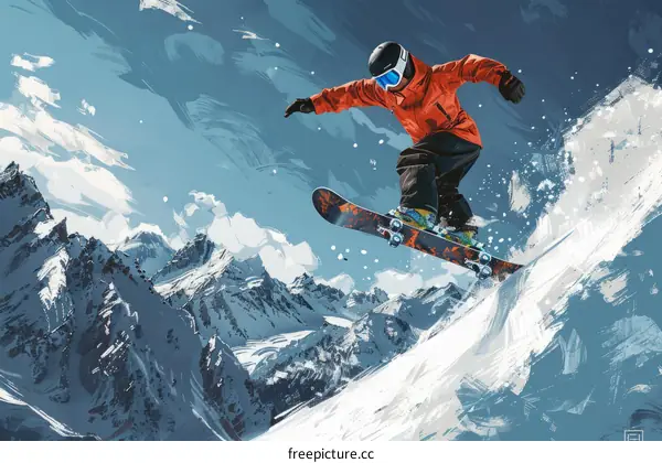 A snowboarder jumps over a snowy mountain peak with a blue sky and clouds in the background