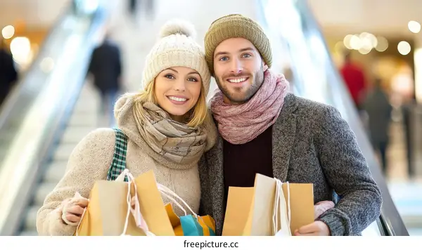 Happy Couple Shopping at a Mall in Winter
