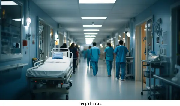 A group of doctors and nurses walk down a hospital hallway