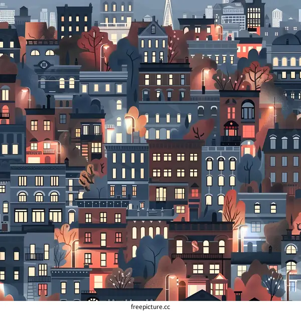 Cityscape Illustration with Buildings and Trees