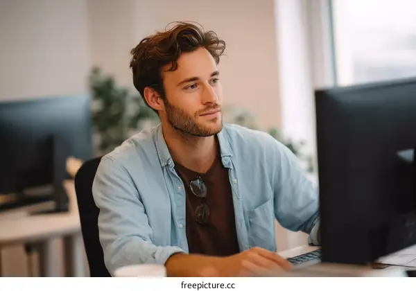 Caucasian Man Working on Computer in Office