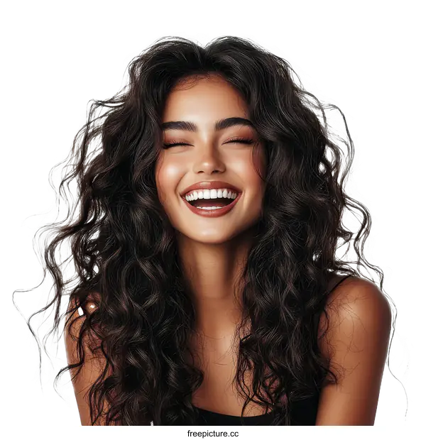 [Transparent Background PNG]Beautiful Woman with Curly Hair Smiling