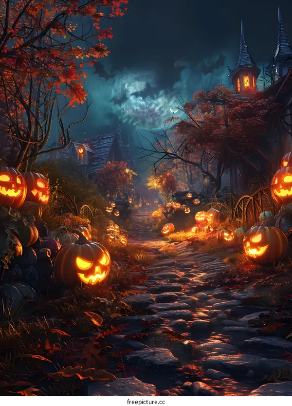 Halloween pumpkins in a spooky town street at night