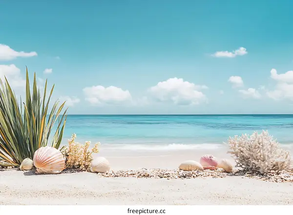 Seashells on the Beach with Blue Sky and Ocean