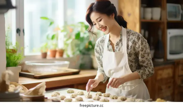 Asian woman making dumplings in the kitchen