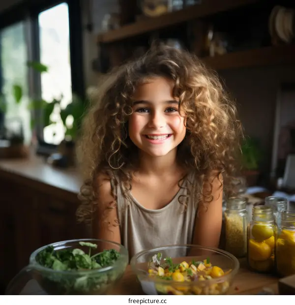 Portrait of a happy little girl with curly hair standing in the kitchen