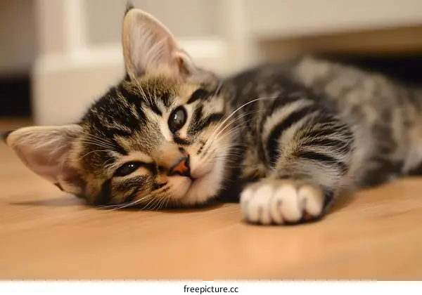 Cute Kitten Sleeping on Wooden Floor
