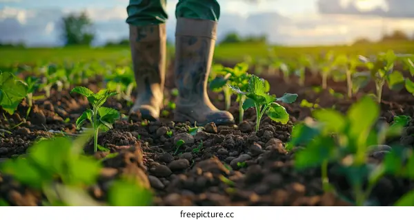 Close-up of farmer's feet in muddy field inspecting crop