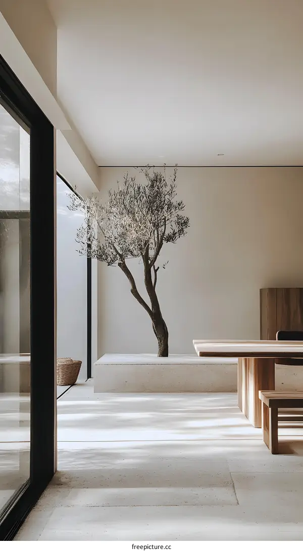 Minimalist Interior Design with Olive Tree and Natural Light