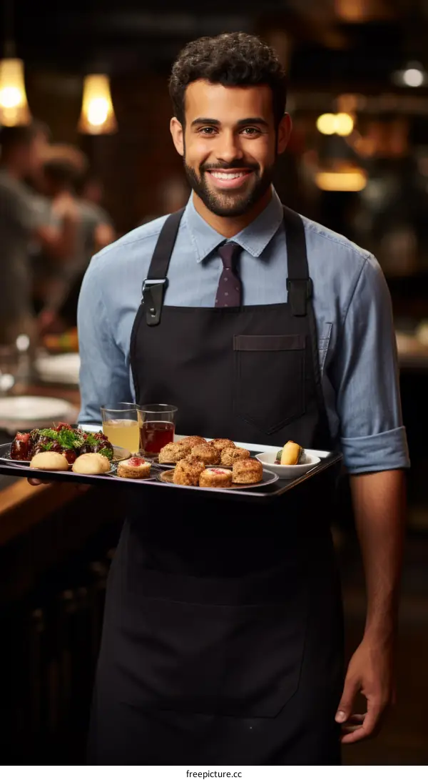 A waiter with a tray of food and drinks