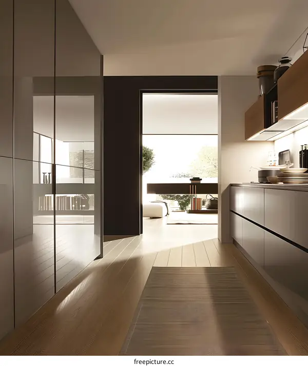 Modern Kitchen Interior Design with Wooden Floor and Minimalist Cabinets