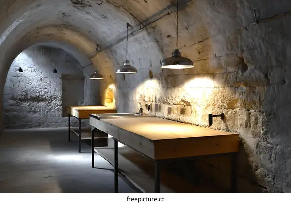 Underground Kitchen Workspace with Stone Walls