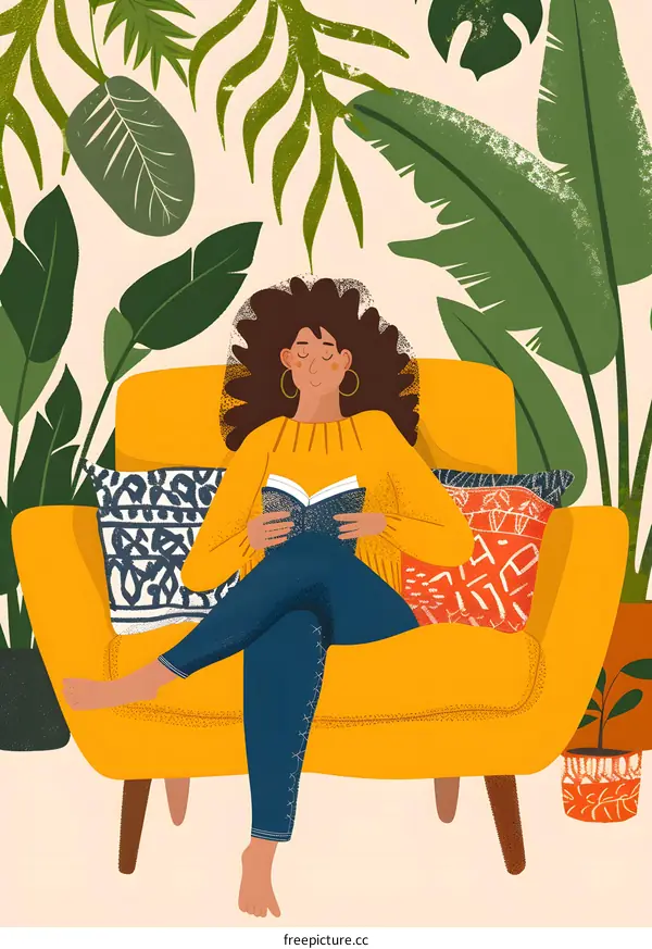 Woman Relaxing on Sofa Surrounded by Plants