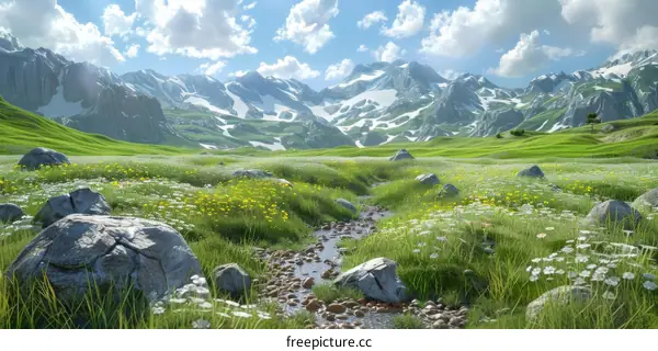 Scenic Alpine Meadow with Snow-Capped Peaks