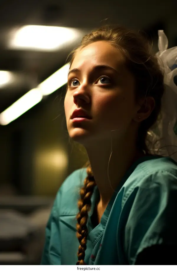 Portrait of a young female healthcare professional looking up in awe