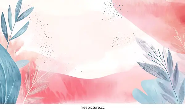 Pink and Blue Watercolor Abstract Background with Leaves