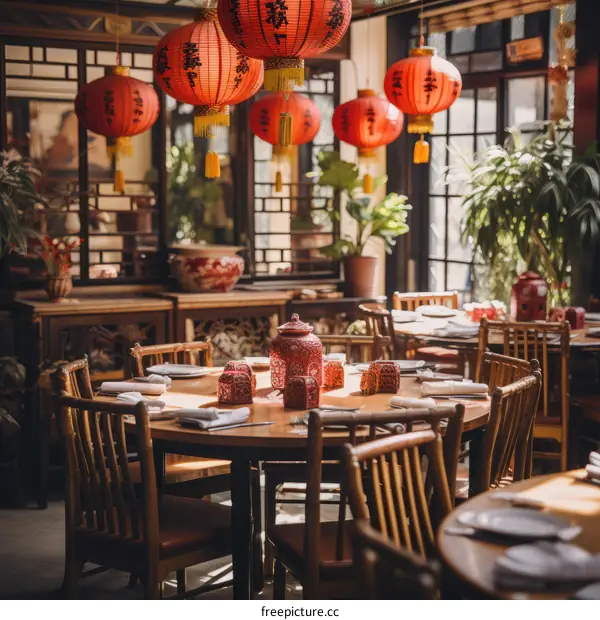 Elegant Chinese restaurant with round tables and red lanterns