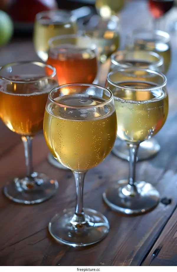 Close Up Of Wine Glasses On Wooden Table