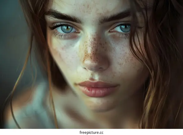 Close Up Portrait of a Young Woman with Freckles and Blue Eyes