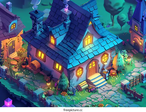 Cute Cartoon Night Village Illustration