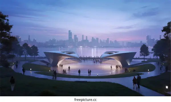 Modern Architectural Design with Waterfront View and Urban Skyline