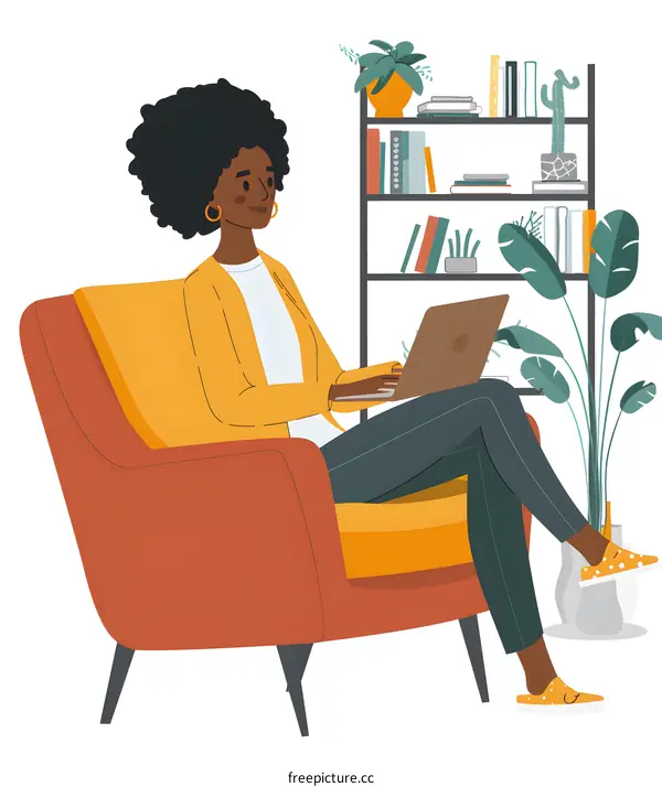 Black Woman Working From Home on Laptop in Chair