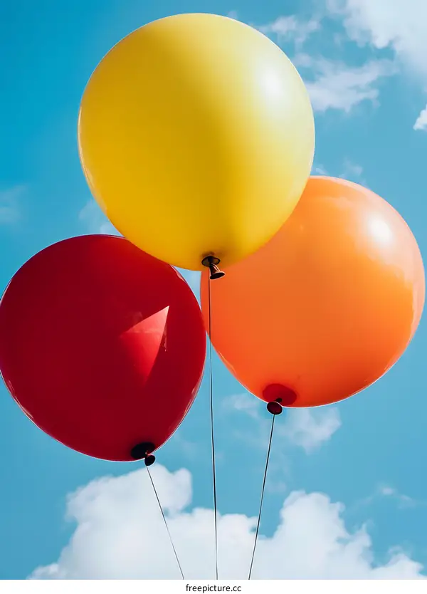 Three Colorful Balloons Against Blue Sky
