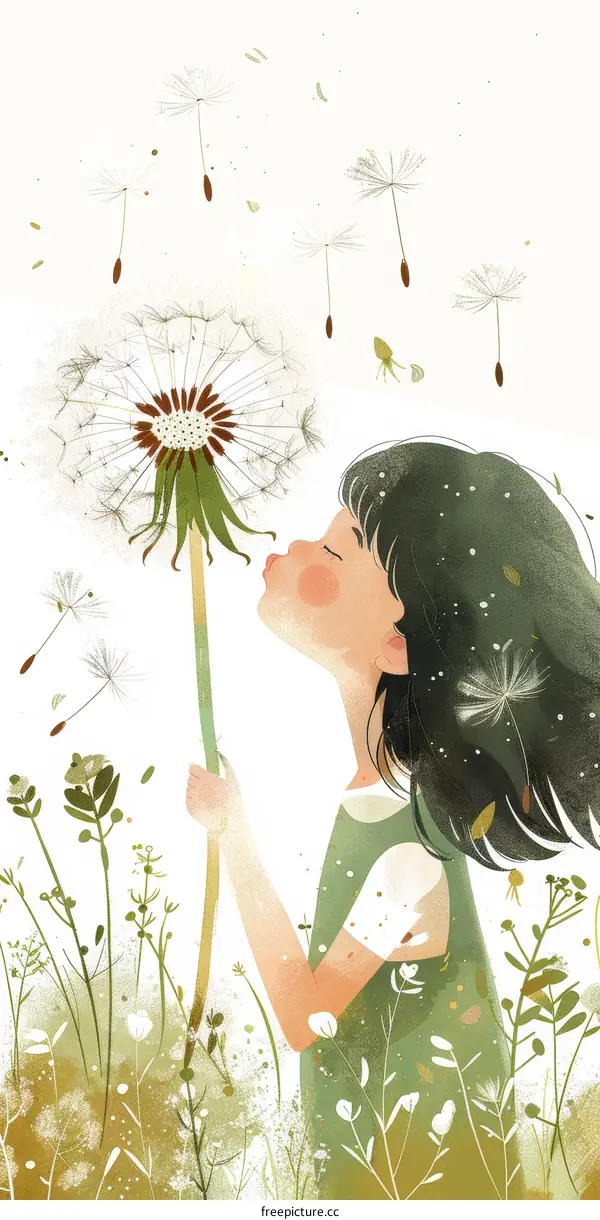 Little girl blowing dandelion seeds in a field on a windy day