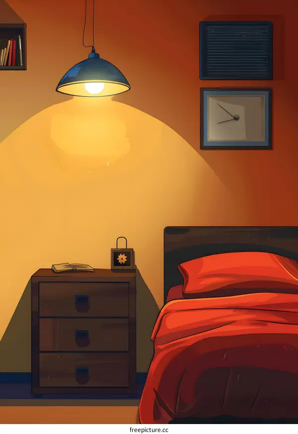 Night Bedroom With Hanging Lamp And Clock