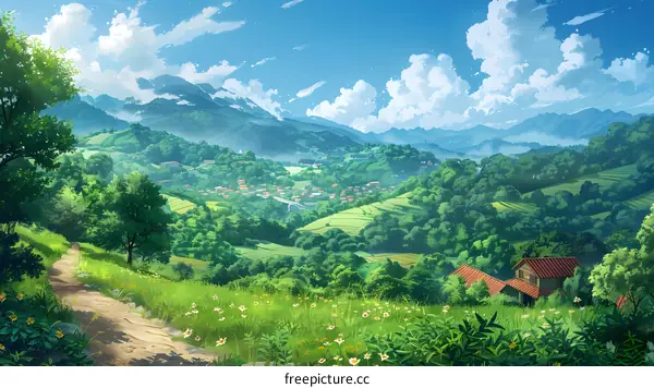 Beautiful Landscape Painting With Lush Green Mountains And Fields
