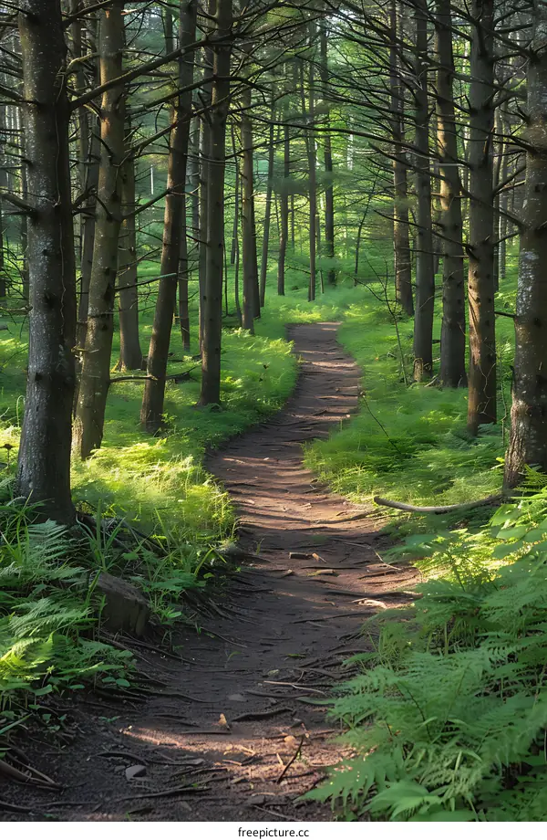 Winding dirt path through the woods