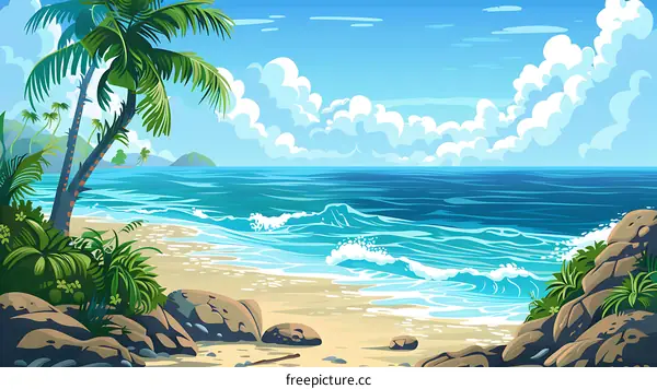 Tropical Beach Scene with Palm Trees and Ocean Waves