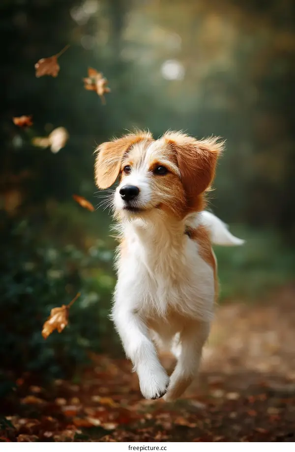 Adorable Puppy Running Through Autumn Forest