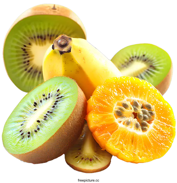 [Transparent Background PNG]Close Up Of Fresh Kiwi, Banana And Orange Slices On White Background