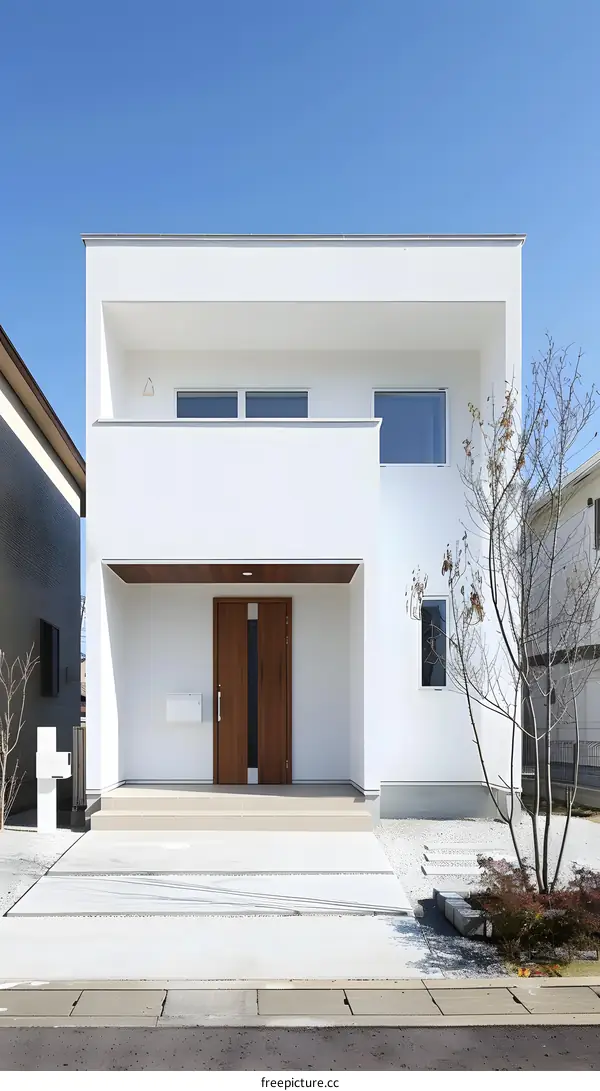 Modern Minimalist White House Exterior with Brown Door and Concrete Driveway