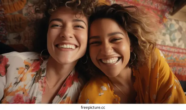 Two young multiethnic women smiling and laughing together