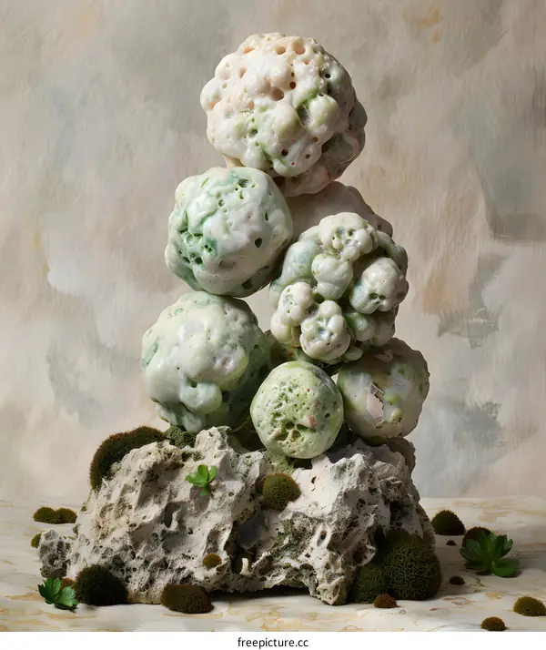 Abstract Green and White Stone Sculpture