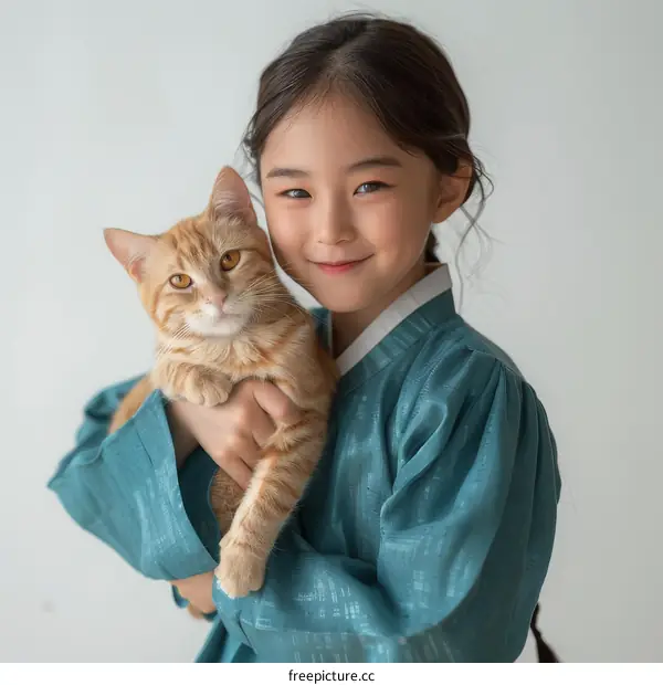 A young girl in a traditional Korean dress holds a cat